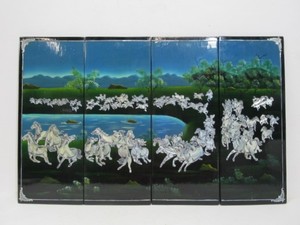 lot 61 image: Vintage 4 Panel Mother of Pearl Inlaid Oriental Artwork wHorses