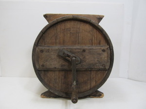 lot 64 image: Antique Primitive Hand Crank Round Wooden Churn