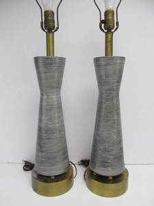 lot 35 image: Matching Pair of Mid Century Ceramic & Brass Table Lamps
