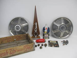 lot 120 image: Lot of Vintage Collectibles Hubcaps Sleigh Bells 7UP Crate etc