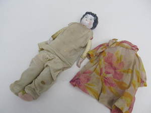 lot 121 image: Antique Porcelain Face Leather Body Doll wPeriod Outfit