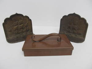 lot 123 image: Antique Ship Bookends & Signed Gregorian Copper Box
