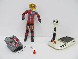 lot 131 image: Vintage 1960s MATT MASON Rubber Action Figure w Backpack Helmet & Police Scooter