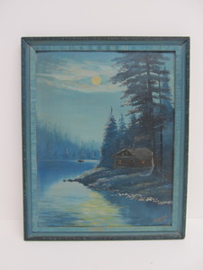 lot 161 image: Nice Framed signed Vintage 1930s Moonlit Lake Cabin Scene Oil Painting