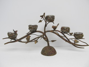 lot 186 image: Metal Tree Candelabra wBirds & Wire Nests