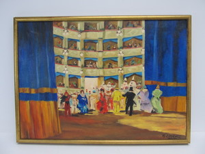 lot 188 image: Nice Vintage Signed Oil on Canvas Theater Scene Painting