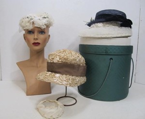 lot 201 image: Group of Vintage Ladies Hats wHat Box & Old Hat Stand