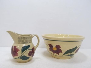 lot 215 image: Matching Vintage Oven Ware Stoneware Pitcher & Mixing Bowl wAdvertising - Hatchville Cheese Factory