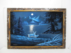 lot 315 image: Retro Large Original Painted Velvet Forest Moonlight Scene Signed MAGUCHI
