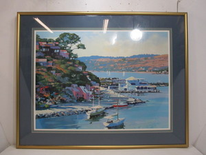 lot 317 image: Colorful Contemporary Harbor Port Scene Lithograph