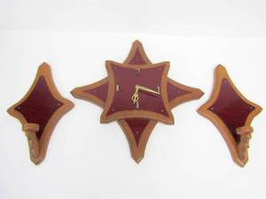 lot 266 image: Working Vintage 1970s Retro Red Wall Clock wMatching Candle Sconces