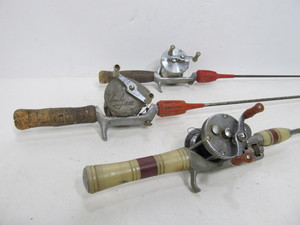lot 241 image: 3 Old Vintage Steel Fishing Rods wReels