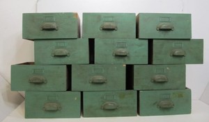 lot 242 image: Lot of 12 Matching  Antique Green Painted Dovetailed Wood Drawers wPulls