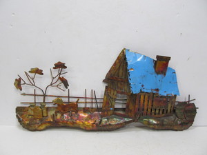lot 87 image: Vintage 3D Brass Barn Scene Wall Sculpture