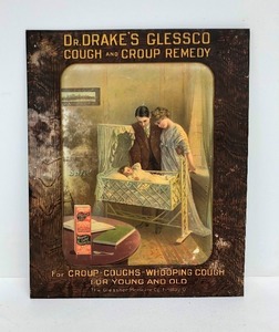 lot 6 image: Rare Original Antique Dr. Drakes Glessco Cough & Croup Remedy Tin Litho Advertising Sign
