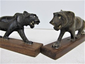 lot 168 image: Pair of Vintage Hand Carved Buffalo Horn Tiger Sculptures