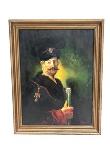 lot 40 image: Signed Vintage Polish Nobleman Oil on Canvas Portrait Painting - After Rembrandt