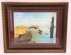 lot 41 image: Framed Signed Vintage Original Jumping Walleye Wildlife Fish Painting