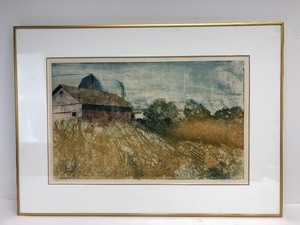 lot 42 image: Framed Signed Numbered Vintage Farm Scene Landscape Lithograph