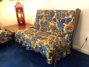 lot 343 image: Signed Mid Century VIKO by Baumritter Colorful Floral Pattern Split SofaLoveseat 