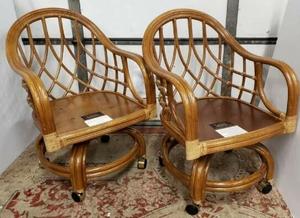 lot 166 image: Pair of LANE Venture Collection RattanWicker Swivel Caster Chairs