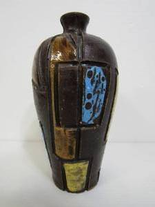 lot 341 image: Mid Century Modern Hand CarvedPainted Abstract Geometric Vase Stamped