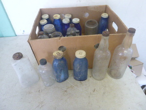 Box of Vintage Bottles and Jar Caps