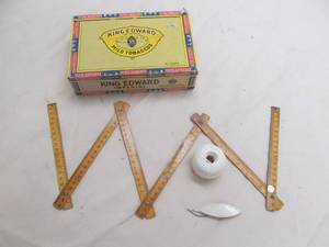 lot 176 image: vintage ruler, tatting shuttle, cigar box
