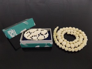 Vintage Carved Bone Necklace and Brooch