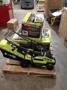 lot 26 image: PALLET WITH 4 RYOBI ELECTRIC LAWN MOWERS SEE PICS
