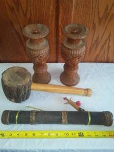 lot 10 image: 10 in. Teak Candle holders and more