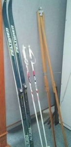 lot 255 image: Cross country Skis & poles, tripod. Peltonnen wax less 180s, walking sticks.