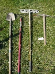 lot 72 image: Rake, Cement, Shovel, Pick Axe
