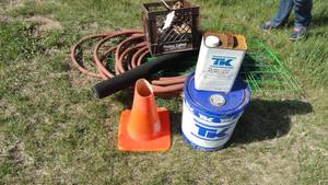 lot 19 image: Tomato Basket, Fence, Hose,Mat, Safety cone, Achro seal, compound