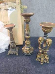 lot 268 image: 3 Pillar Candleholders, 2 need work...