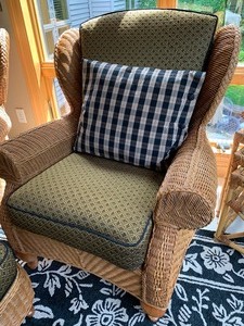 Pair of Quality Wicker Arm Chairs and Ottoman