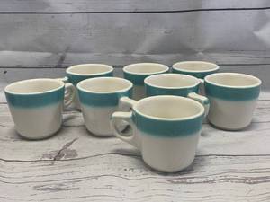 lot 71 image: Lot of 8 Vintage Buffalo China Rare Blue Band Mugs ($14 each on ebay)