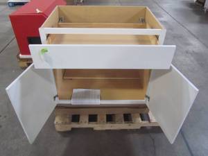 lot 204 image: Hampton Bay Shaker Assembled 36x34.5x24 in. Base Kitchen Cabinet with Ball-Bearing Drawer Glides in Satin White KB36-SSW