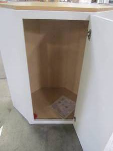 lot 230 image: Hampton Bay Shaker Assembled 24x36x12 in. Diagonal Corner Wall Kitchen Cabinet in Satin White KWD2436-SSW