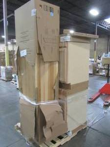 lot 110 image: WHOLESALE MIXED PALLET OF KITCHEN BASE CABINETS AND STORAGE SHELF