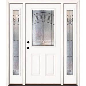lot 602 image: Feather River Doors 64 x 80 x 4 916 Rochester Patina 12 Lite Unfinished Smooth Right-Hand Fiberglass Prehung Front Door w Sidelites - NEW