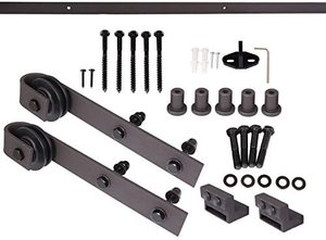 lot 614 image: 6.6 FT Country Dark Coffee Steel Sliding Barn Wood Door Track With Hardware.