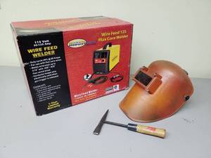 lot 601 image: Northern Industrial Welding Wire Feed 125 Flux Core Welder, Welders Mask, Welders Hammer