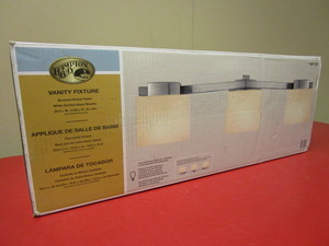 lot 416 image: HAMPTON BAY VANITY FIXTURE, WITH BRUSHED NICKEL, WHITE ETCHED GLASS SHADES - NEW