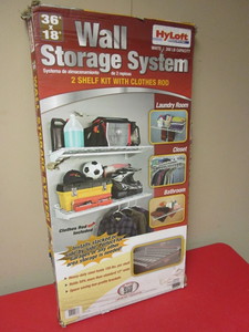 lot 428 image: HY-LOFT WALL STORAGE SYSTEM, WITH TWO SHELVES AND CLOTHES ROD - NEW