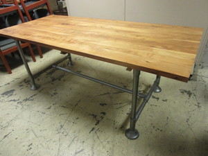 lot 438 image: INDUSTRIAL-STYLE TABLE, WITH WOOD TOP AND PIPE BASE