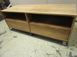 lot 450 image: SIDE TABLE, CRAFTED OF WOOD, WITH TWO DRAWERS AND METAL BASE