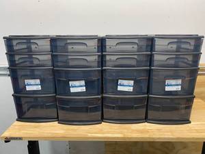 lot 69 image: HOMZ Lot of 4 20 ft. x 30 ft. 4 Drawer Medium Plastic Wheeled Cart in Smoke Gray