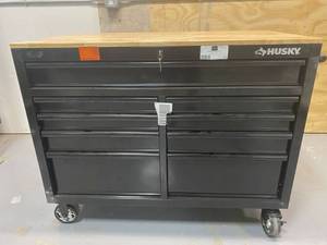 lot 83 image: HUSKY 46 in. W 9-Drawer, Deep Tool Chest Mobile Workbench in Gloss Black with Hardwood Top