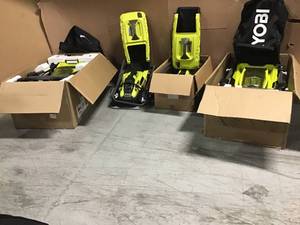 lot 15 image: PALLET WITH 4 ELECTRIC RYOBI LAWN MOWERS DIFFERENT SIZES